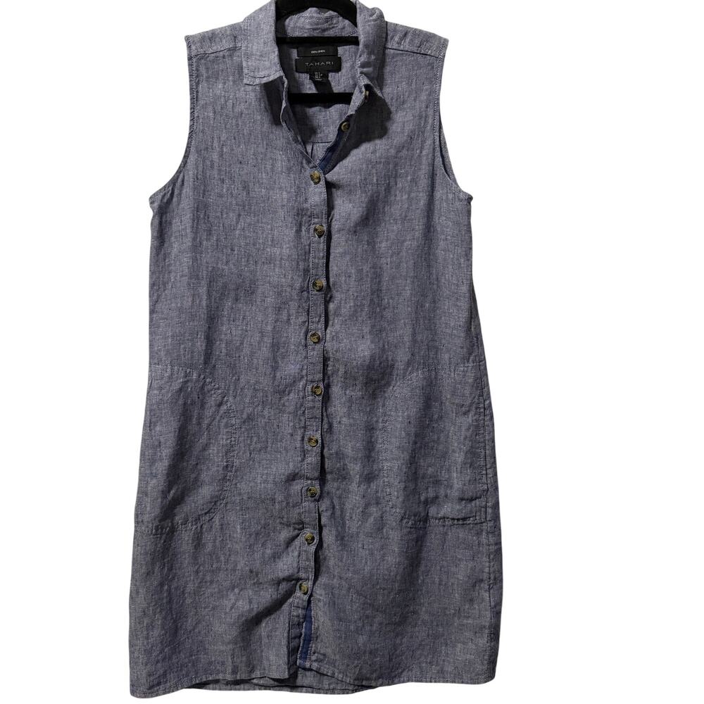 Tahari Linen Sheath Dress Sleeveless Women Size S Summer Work Casual pockets